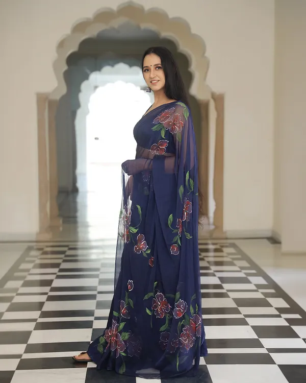 Navy_Blue_Floral_H_Painted_Chiffon_Saree_For_Women